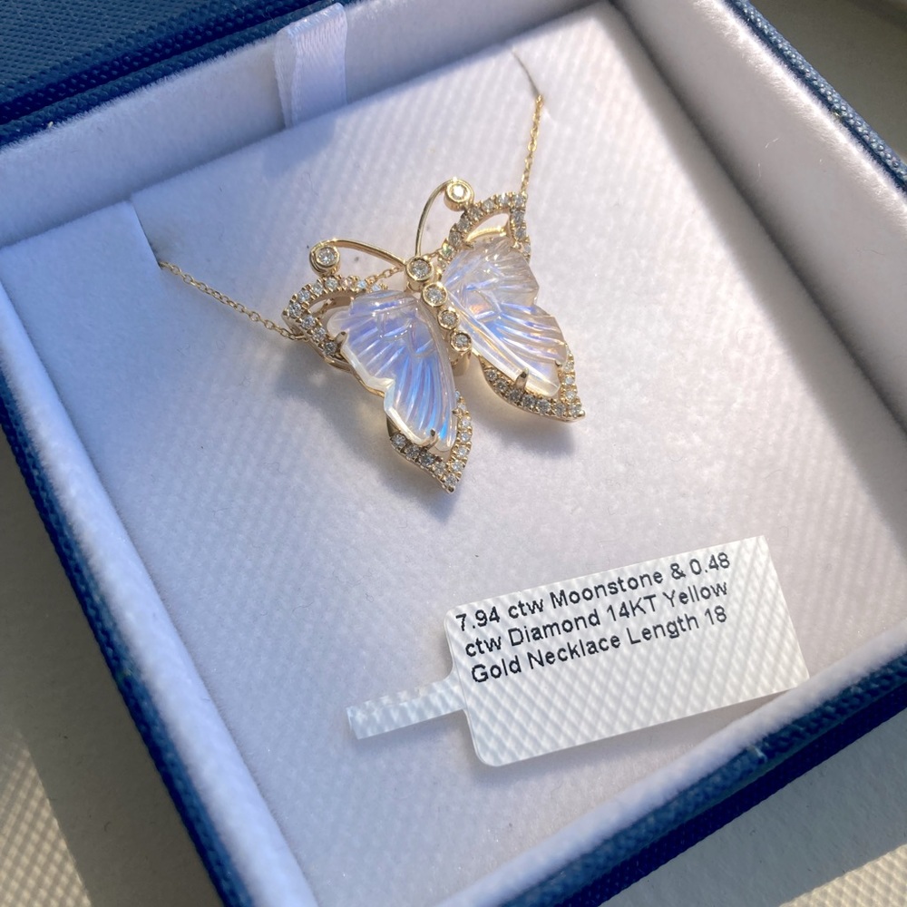Moonstone, Diamond and gold butterfly necklace